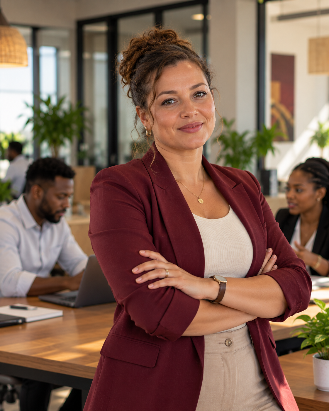 African small business employer and founder standing confidently in her modern collaborative workspace