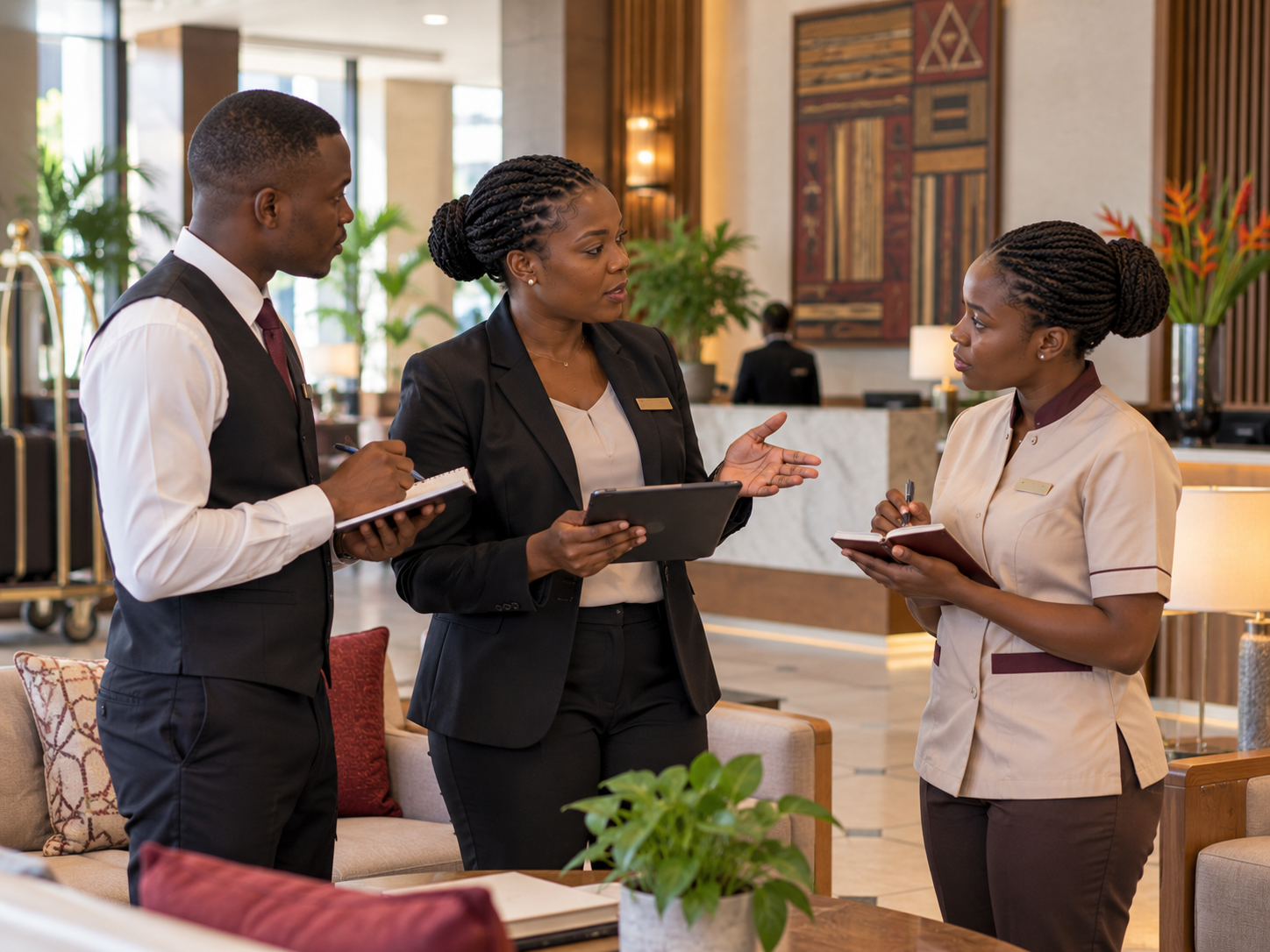 Hospitality and operations leaders collaborating in a verified contemporary African workplace in Kigali